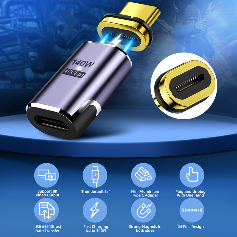 Carregamento rápido Tipo-C OTG Converter Cable, Magnet Adapter, USB C para USB-C, 8K @ 60Hz, 140W, USB 4.0, 40Gbps, Thunderbolt3