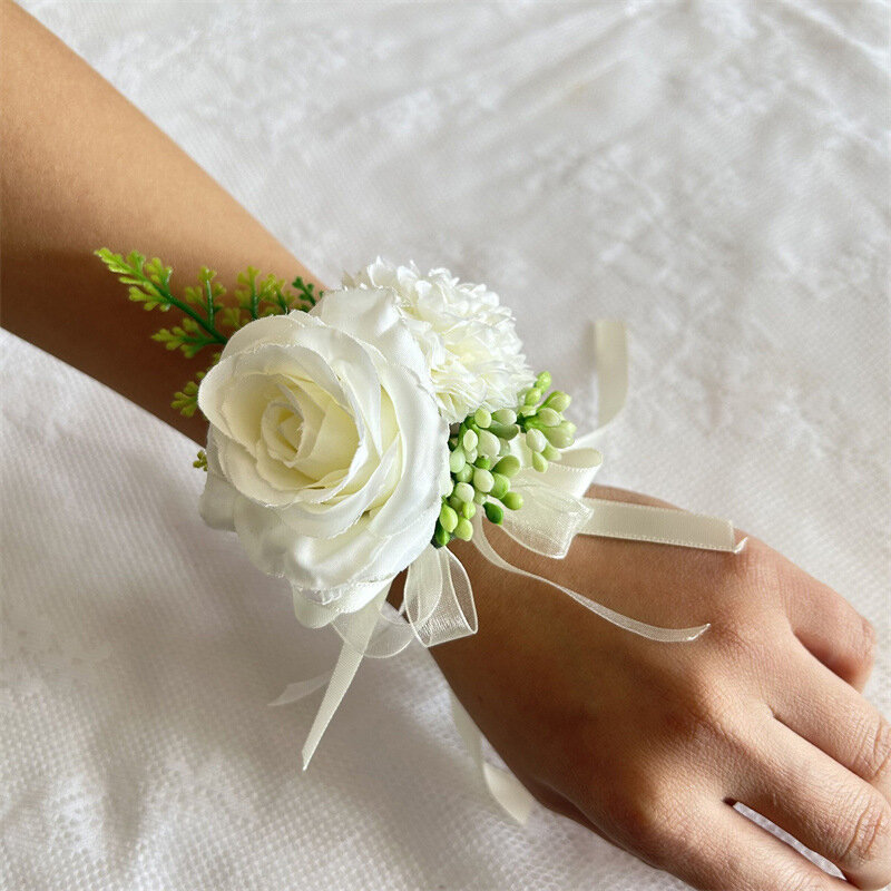 Pengantin wanita pergelangan tangan korsase pernikahan pengiring pengantin tangan bunga buatan sutra gelang pita mawar pesta Prom dekoratif