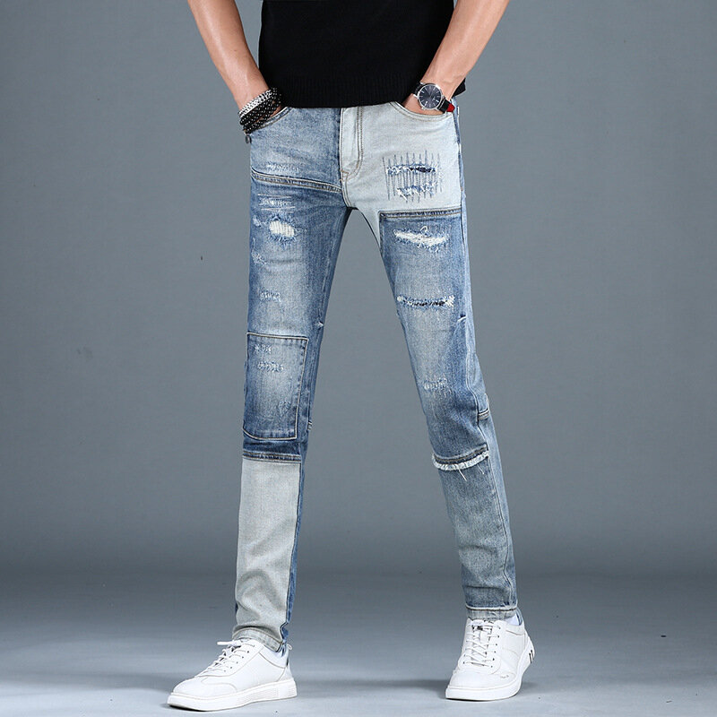 Street retro ripped jeans men's slim fit ankle-tied trendy Korean style stitching nostalgic washed casual long pants