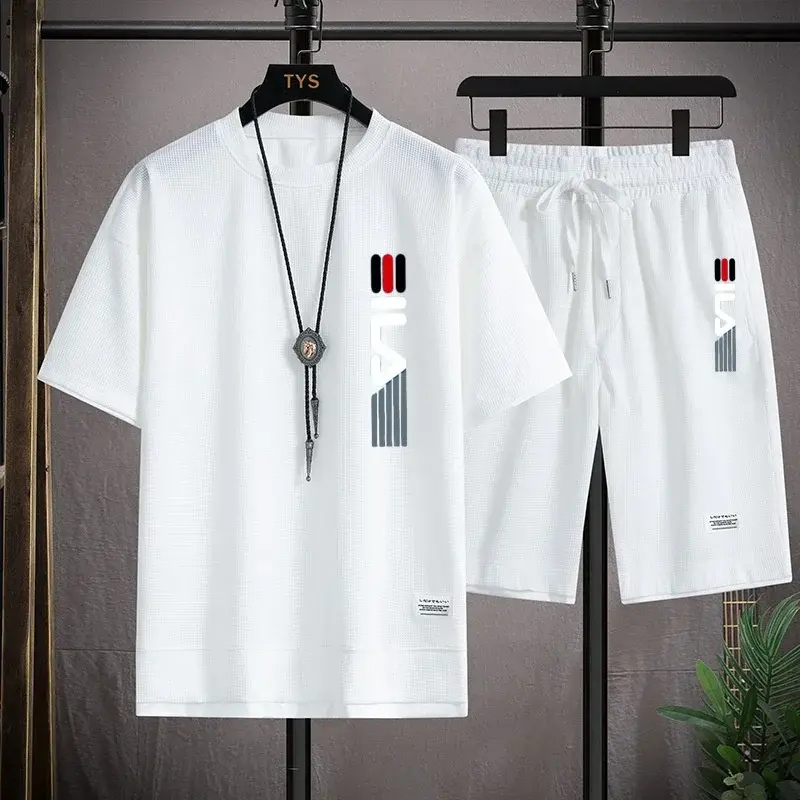 Letni męski dwuczęściowy tkanina lniana luźna koszulka i męski dres modny dres z krótkim rękawem