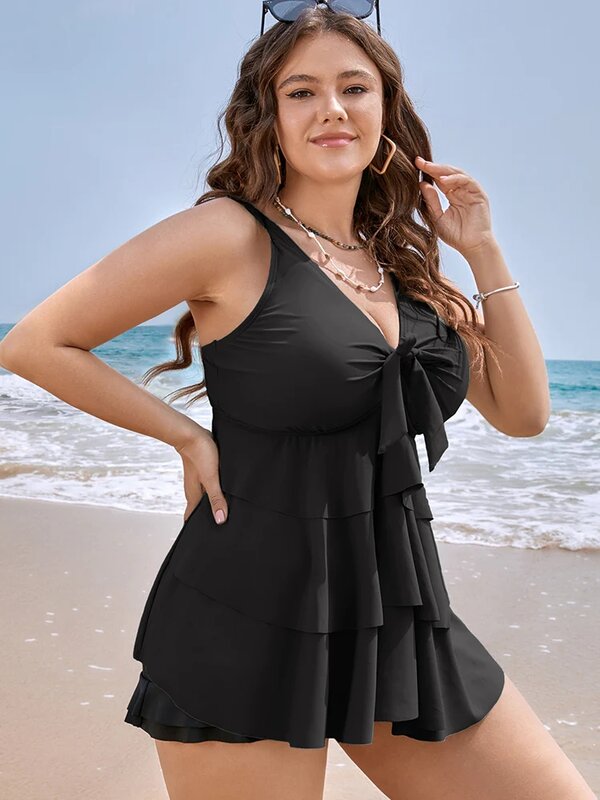 Two Piece Woman Swimsuits Plus Size Swimwear Knotted Front Ruffle Tiered Tankini Top And High Waisted Bottom Bathing Suit