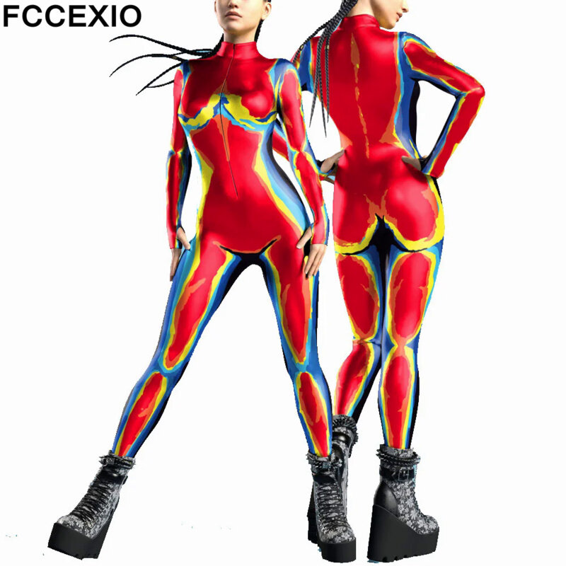 FCCEXIO 여성용 섹시한 3D 패턴 점프수트, 고밀도 컬러 도트, 성인 코스프레 코스튬 파티 점프수트, 카니발 바디 수트, S-XL 모노스 무저