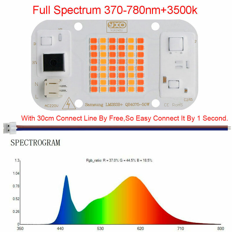 Фитолампа светодиодная полного спектра, 50 Вт, с чипом светодиод DOB переменного тока, 220 В
