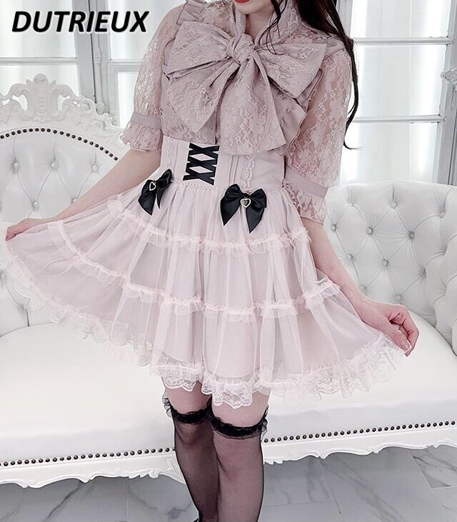 Lolita-Jupe taille haute avec nœud papillon pour femme, style japonais, doux, mignon, mode, printemps, été, nouveau, 2024