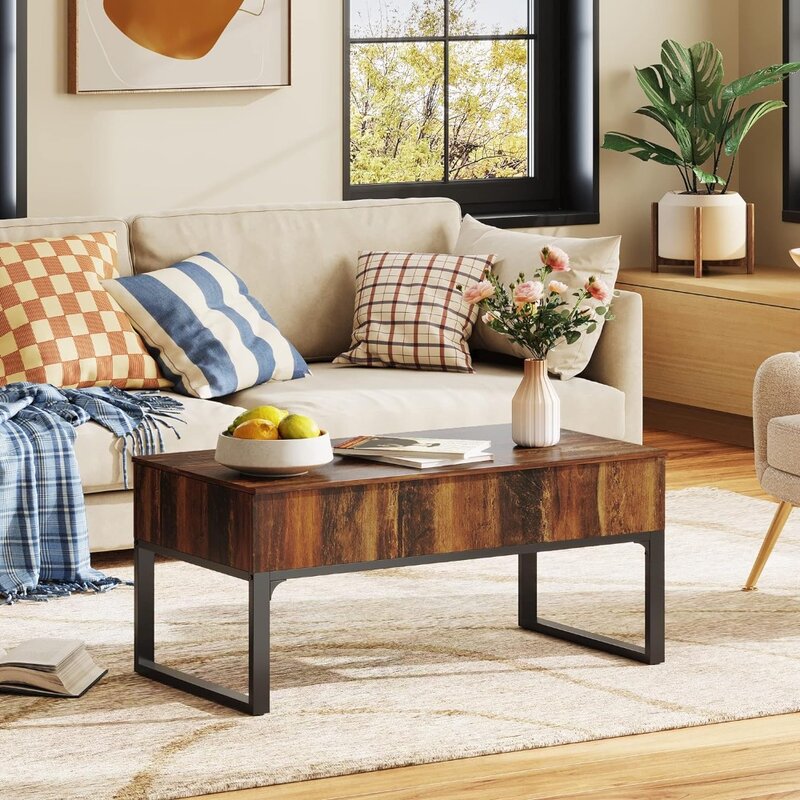 Table basse relevable pour salon, table basse en bois moderne avec rangement, compartiment GNE et MELfor appartement, maison