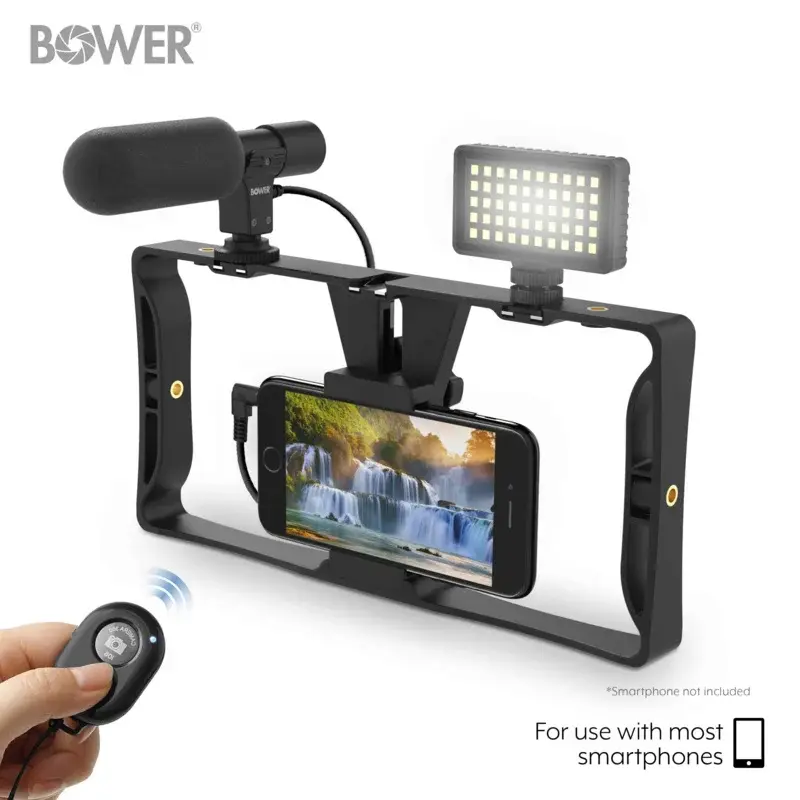 Bower ultimate vlogger pro kit con plataforma para teléfono inteligente, micrófono HD, luz LED 50, 3 difusores/filtros y control remoto del obturador
