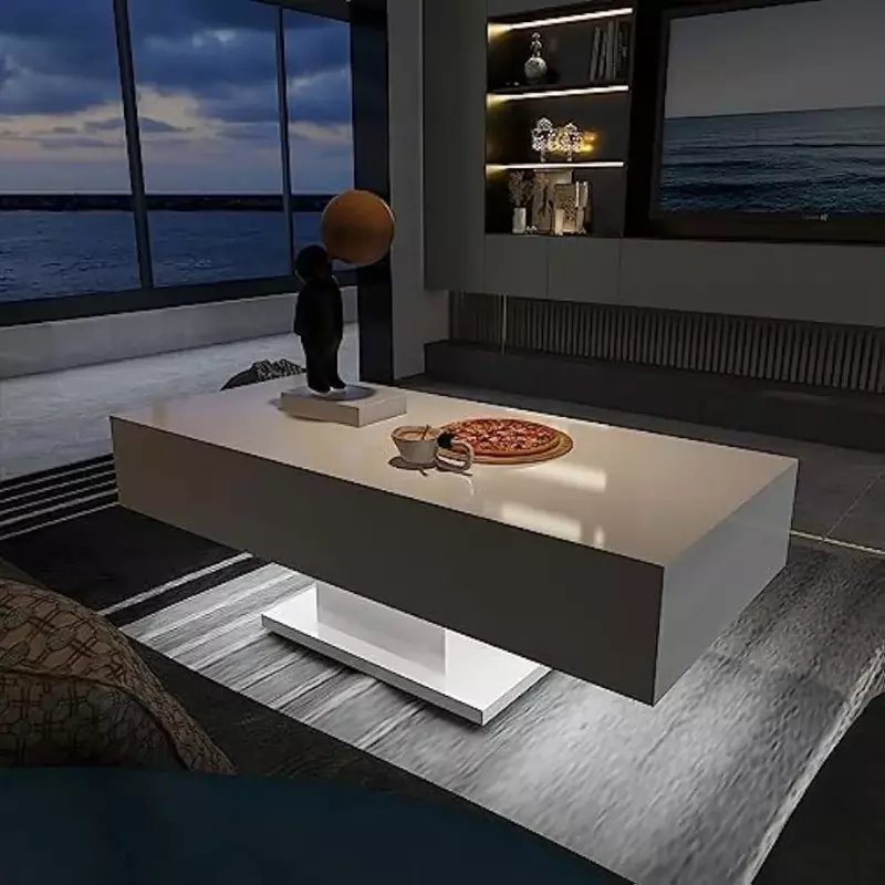 Mesa de centro moderna de alto brilho com luzes LED, Mesa central para sala de estar, Mesas de restaurante