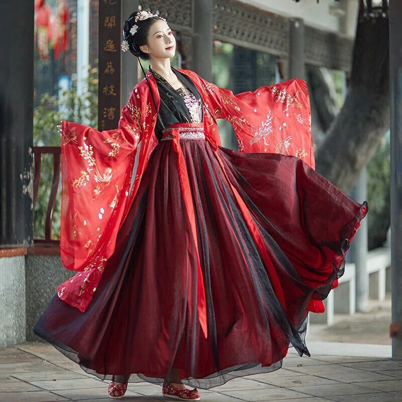 Vrouwen Rode Verbeterde Hanfu Jurk Bloem Borduurwerk Kleding Traditionele Chinese Fee Oude Kostuum Cosplay Outfit Schoolstudent