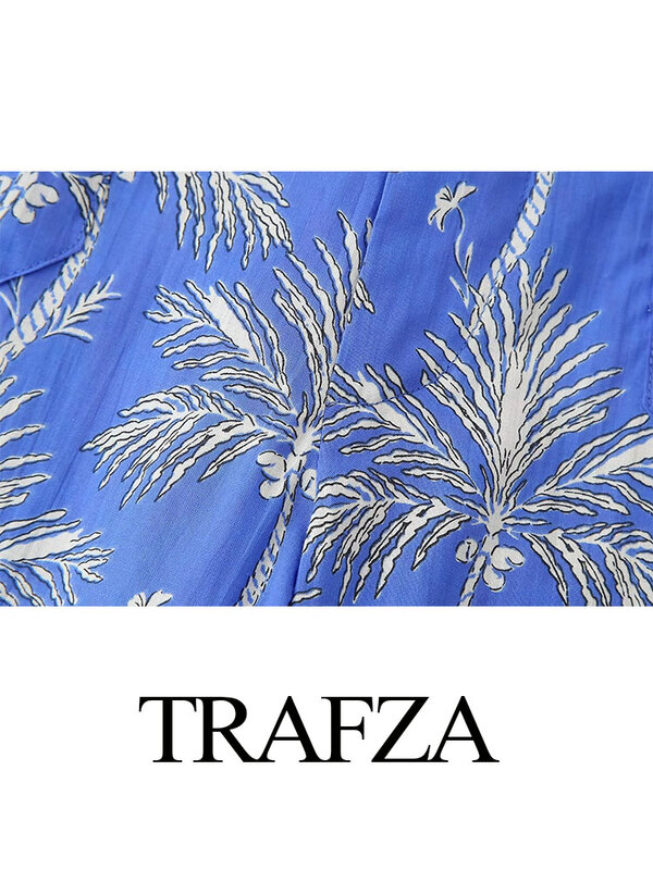 TRAFZA 여성용 세련된 포켓 버튼 장식, 캐주얼 지퍼 와이드 레그 팬츠, 여성 패션, 빈티지 프린트, 하이 웨이스트, 루즈 팬츠