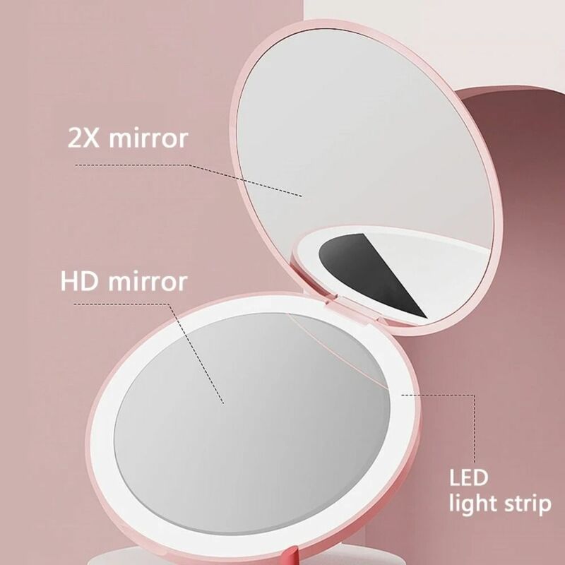 Runde tragbare Mode Schönheit leuchtenden Make-up Spiegel LED-Licht 2x Vergrößerung spiegel Kosmetik-Tool