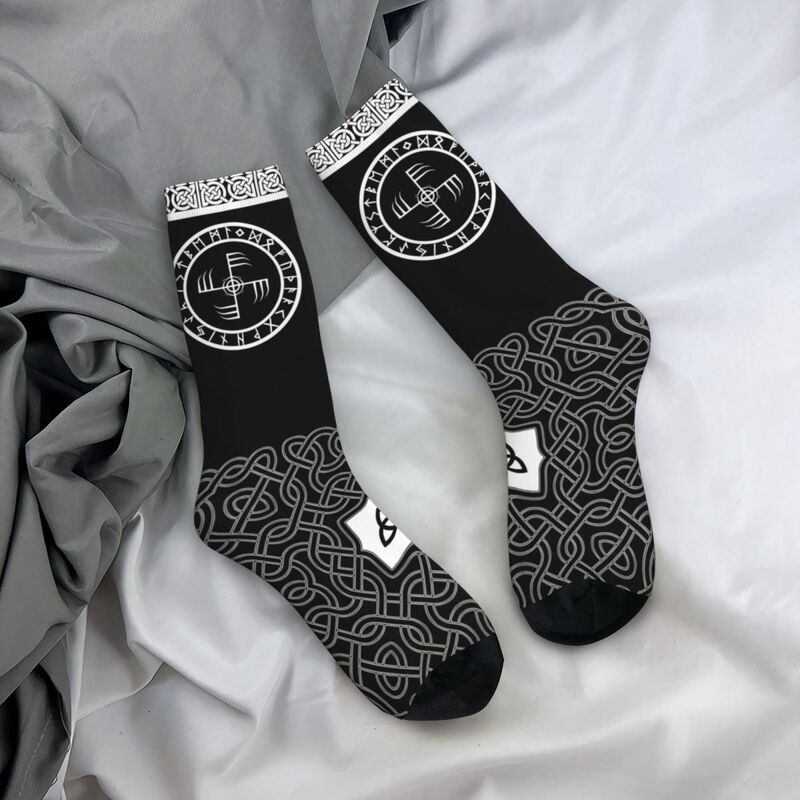 Funny Crazy Sock for Men Ginfaxi Black Hip Hop Harajuku Viking Happy Seamless Pattern Printed Boys Crew Sock Novelty Gift