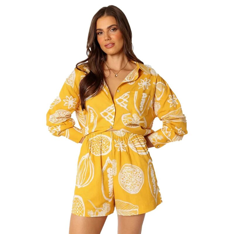Summer Printed Two Piece Set Women's New Long Sleeve Single Breasted Shirt Shorts Suit Fashion Party Beach Vacation Casual Suit