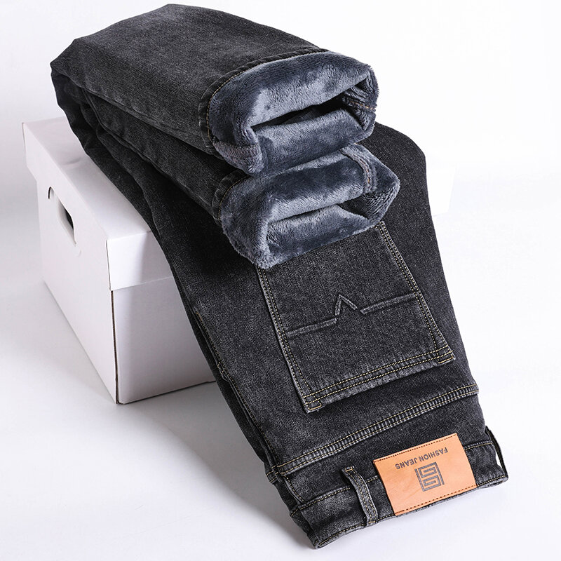 Calça jeans justa em lã masculina, calça jeans reta e quente, casual e de veludo grosso, retrô e elegante, nova marca, inverno