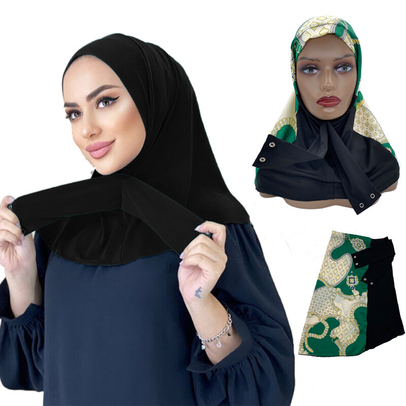 Ready Headscarf คอ Head Full ผู้หญิงหัว Wraps ผ้าพันคอมุสลิมตุรกี Kaftan ซาติน Patchwork Snap Fastener Hijab ผ้าพันคอ