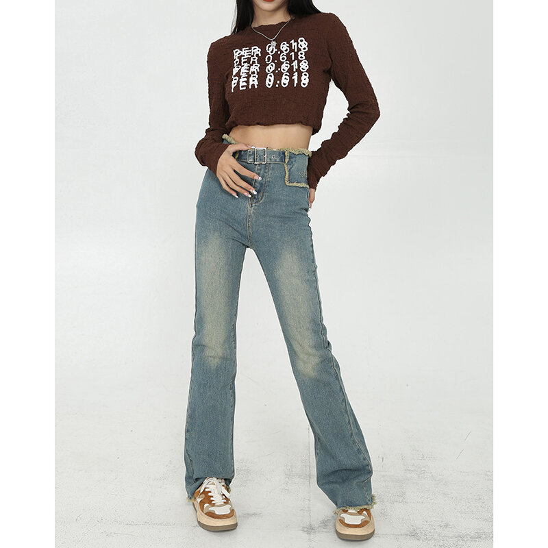 Jins Suar Pinggang Tinggi Rumbai Biru untuk Wanita Ukuran Plus Mode Celana Denim Melar Kaki Lebar Celana Jeans Vintage Streetwear Wanita Y2K