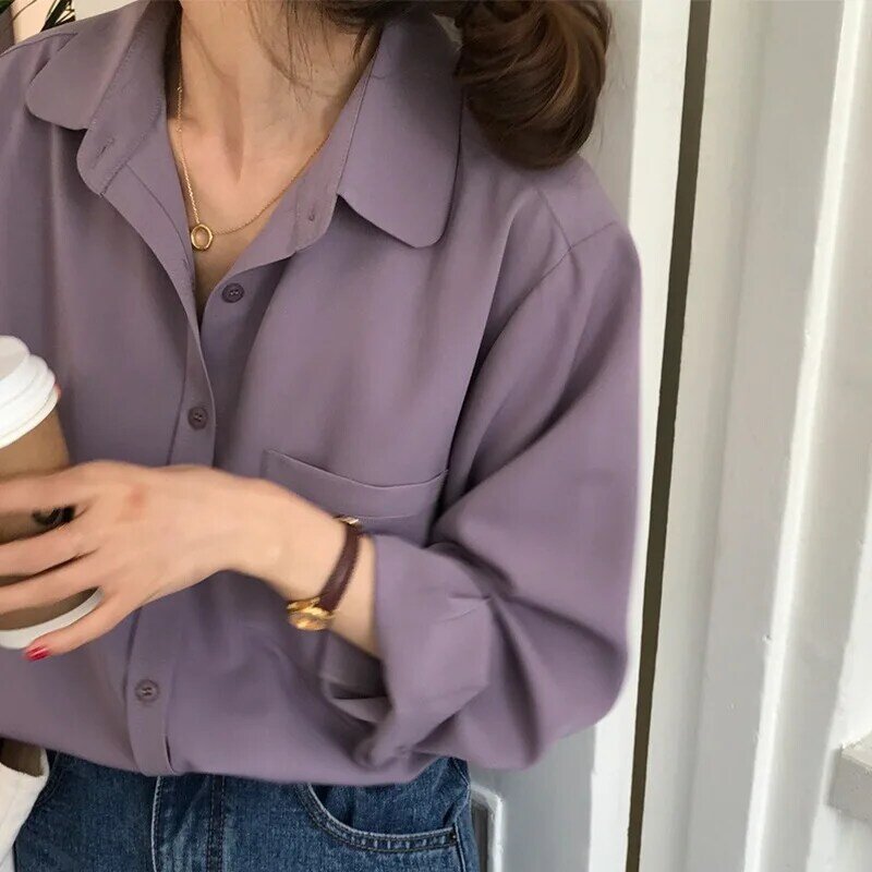 Women Blouses Long Sleeve Turn Down Collar Denim Shirt Single Breasted Button Pockets Loose Casual Winter 2024 Solid Color