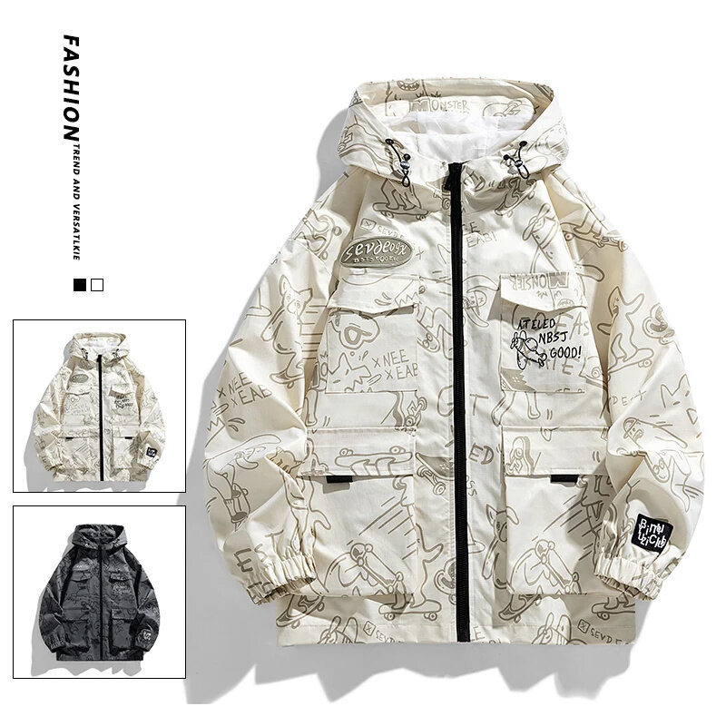 Autunno e inverno nuova qualità Multi-tasca con sport Casual Slim Full Print Cartoon Middle old bambini giacca da uomo con cappuccio