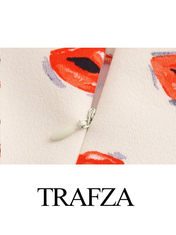 TRAFZA-traje con estampado para mujer, camisa de manga larga con cuello vuelto y botonadura única, Falda corta de cintura alta con cremallera, 2024