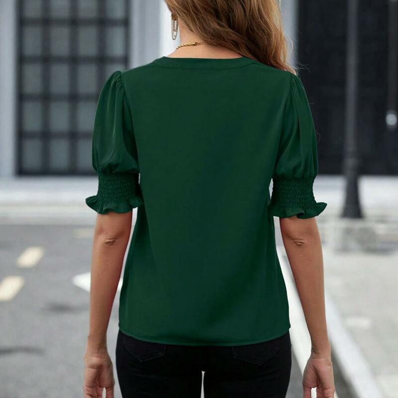 Women Blouse Stylish Women's V-neck Puff Sleeve Shirt Slim Fit Solid Color Blouse Casual Streetwear Top for Summer Summer Casual