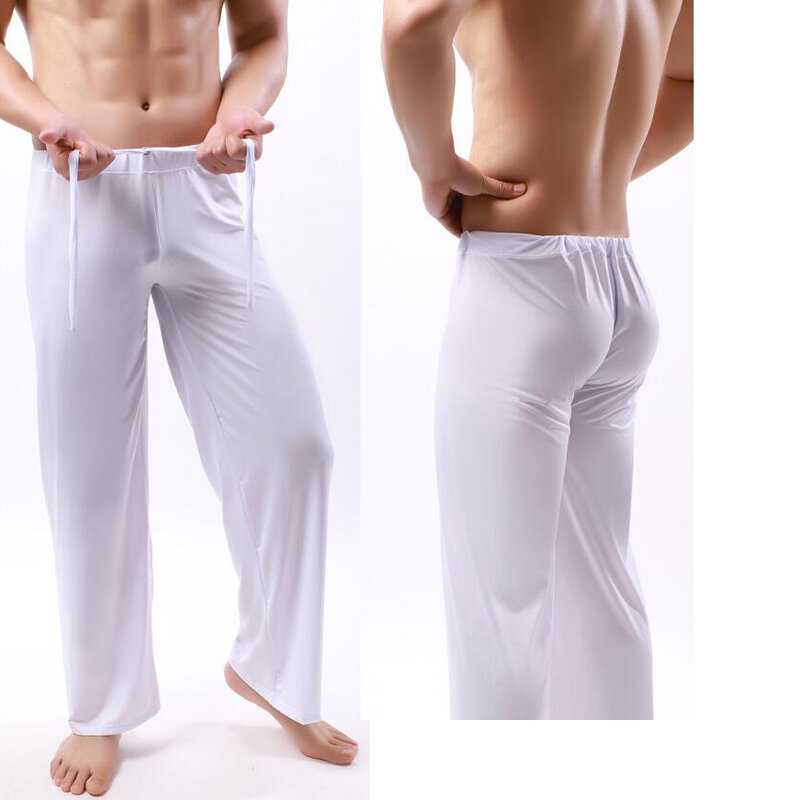 Sexy Men's Casual Pyjama Pants Solid Color Ice Silk Drawstring Elastic Waist Loose-Fitting Yoga Trouser Lounge Pajama Pants