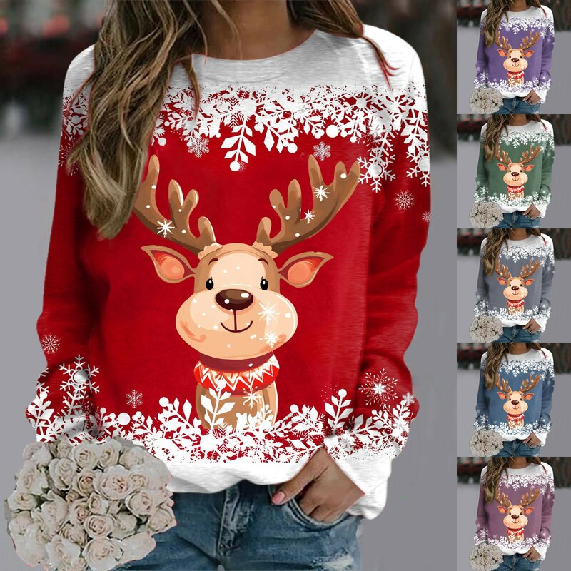 Sweaters For Women Christmas Teen Girls Long Sleeve Crewneck Sweatshirt Cute Reindeer Graphic Xmas Shirts