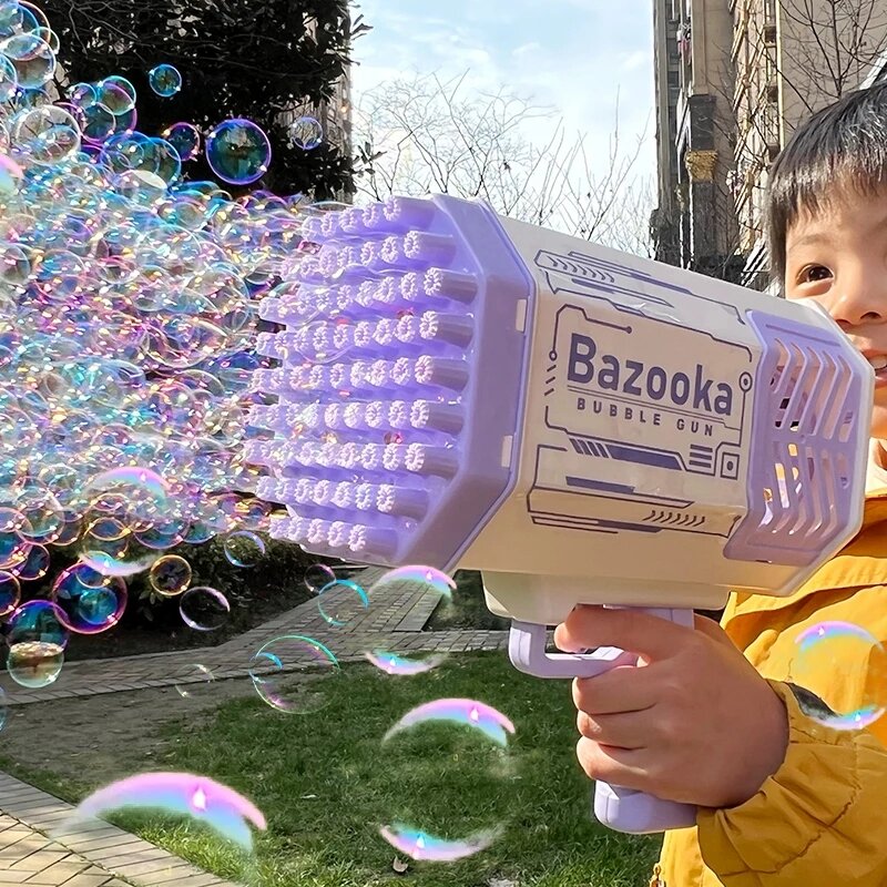 Pistola de burbujas Rocket para niños, soplador automático con forma de ametralladora de burbujas de jabón, juguetes ligeros, regalos para el Día de los niños al aire libre, 69 agujeros