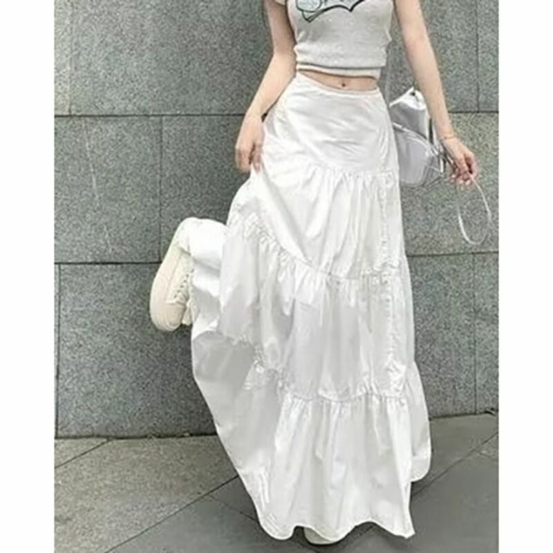 Tiered Long Skirts Classic A-Line Pleated Boho Skirt Elastic Waist White Maxi Skirt Spring