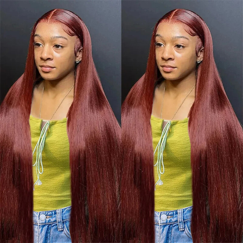 Perruque Brésilienne Naturelle de Cheveux Humains Lisses, Brun Rouge Foncé, 13x4, 13x6 HD, 4x4, pour Femme
