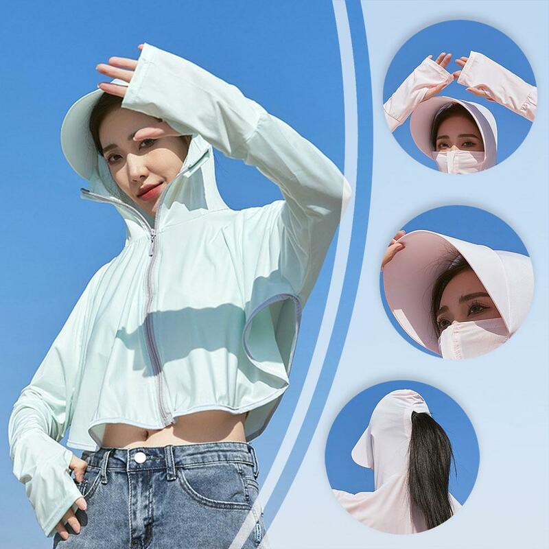 Women Sunscreen Clothes Summer Ice Silk Large Brimmed Hoodie Solid Long Color UV Breathable Protection Shirt Sleeved Clothi T4L0