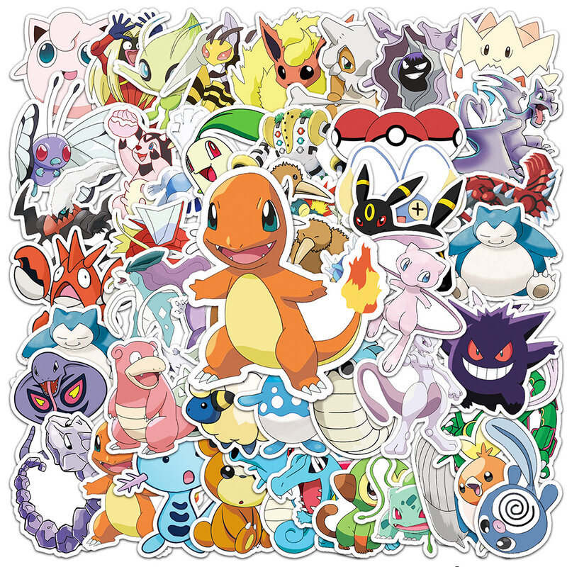 Autocollants Pokémon Pikachu pour enfants, dessin animé mignon, décalcomanies, moto, étui de téléphone portable, voiture, étanche, jouet classique, 50 pièces, 100 pièces