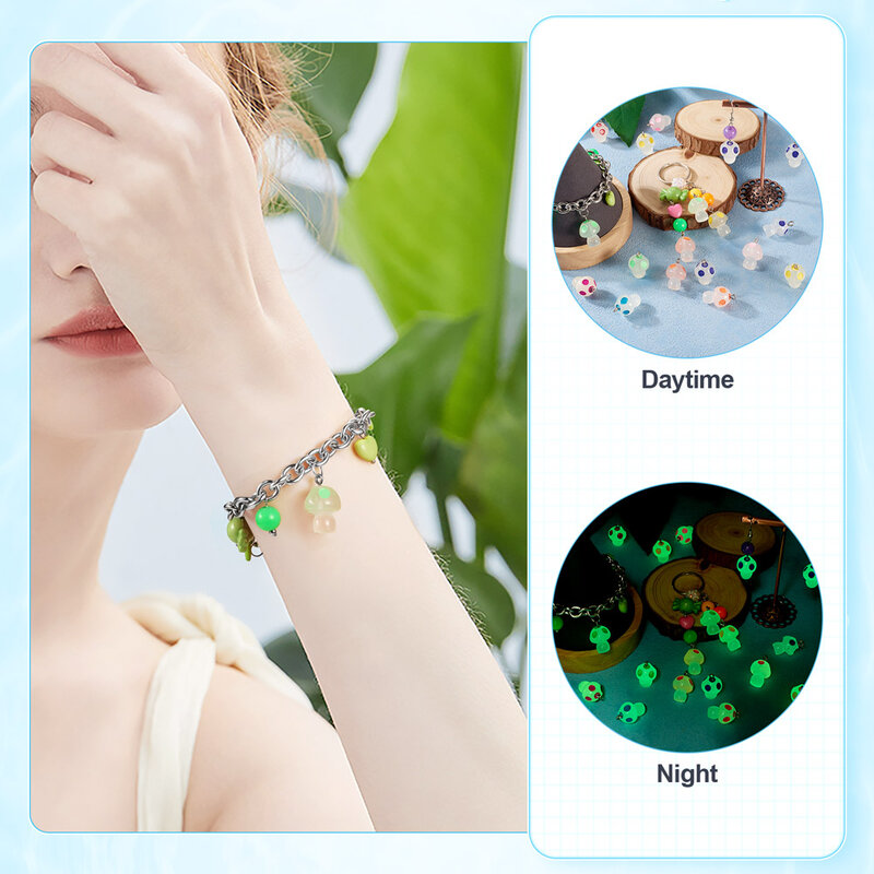 32Pcs Luminous Transparent Resin Pendants Glow in the Dark Mushroom Charms for Making DIY Jewelry Bracelet Key Chain Earring