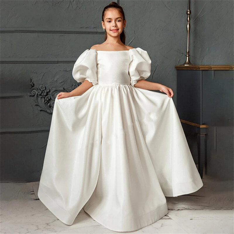 Puffy Flower Girl Dress For Wedding Ivory Satin Short Sleeves With Bow Kids Birthday Party First Communion Ball Gowns 2024