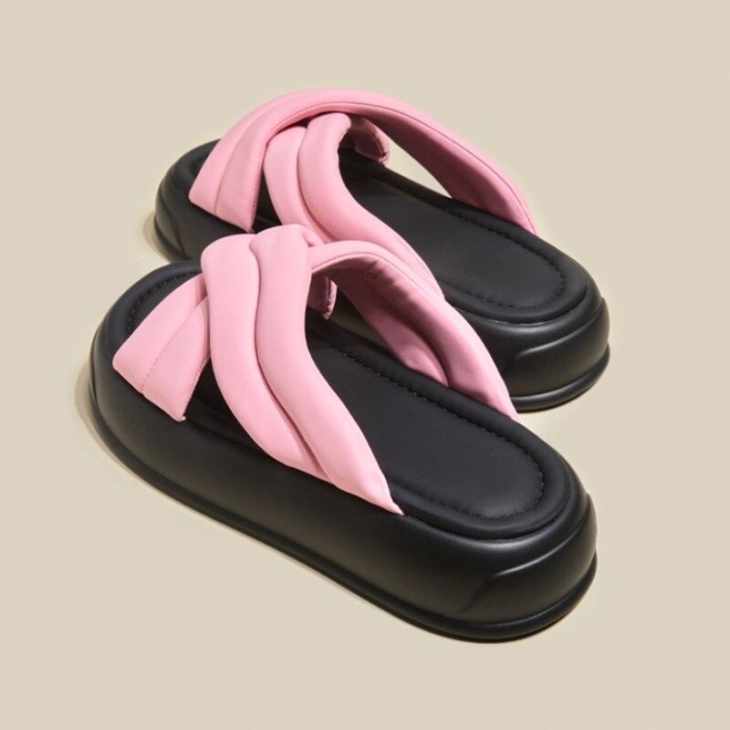 Zapatillas de plataforma versión coreana para mujer, zapatillas antideslizantes de moda, cruzadas gruesas, ropa de exterior informal, zapatillas gruesas de verano