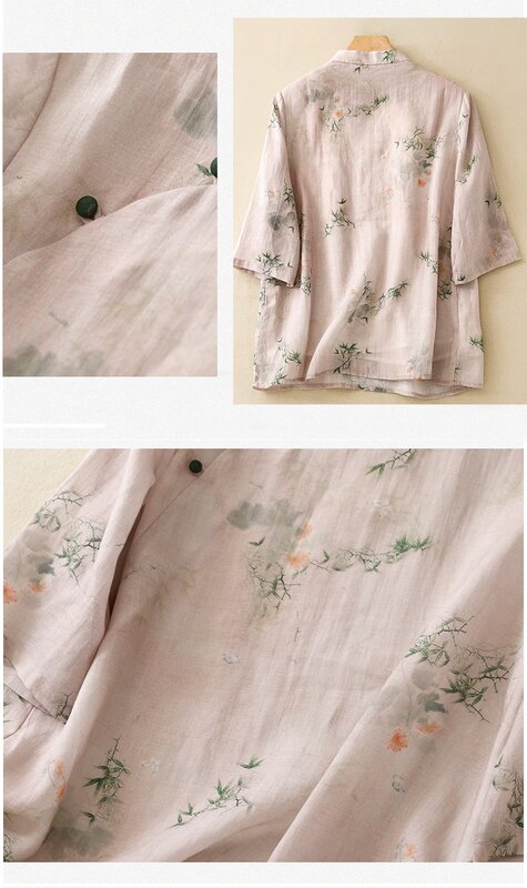 Vintage Women's Shirts Summer Printed Chinese Style Blouses Loose Short Sleeve Women Tops Cotton Linen Clothing YCMYUNYAN