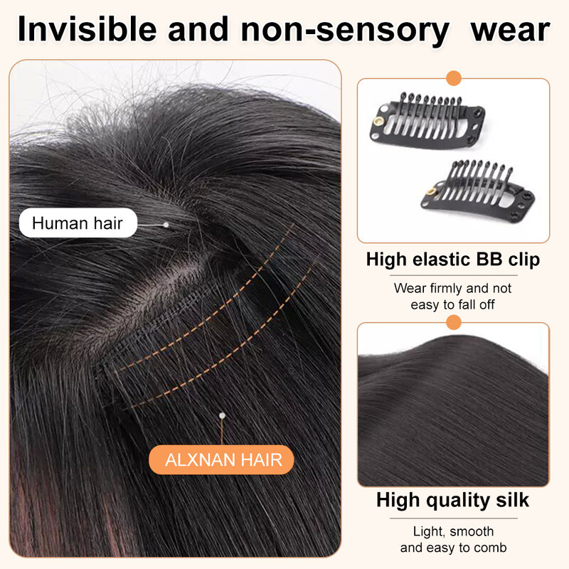 ALXNAN HAIR-Extensions de Cheveux Synthétiques Lisses en Forme de V, Postiche en Fibre de Haute Température, Noir et Marron