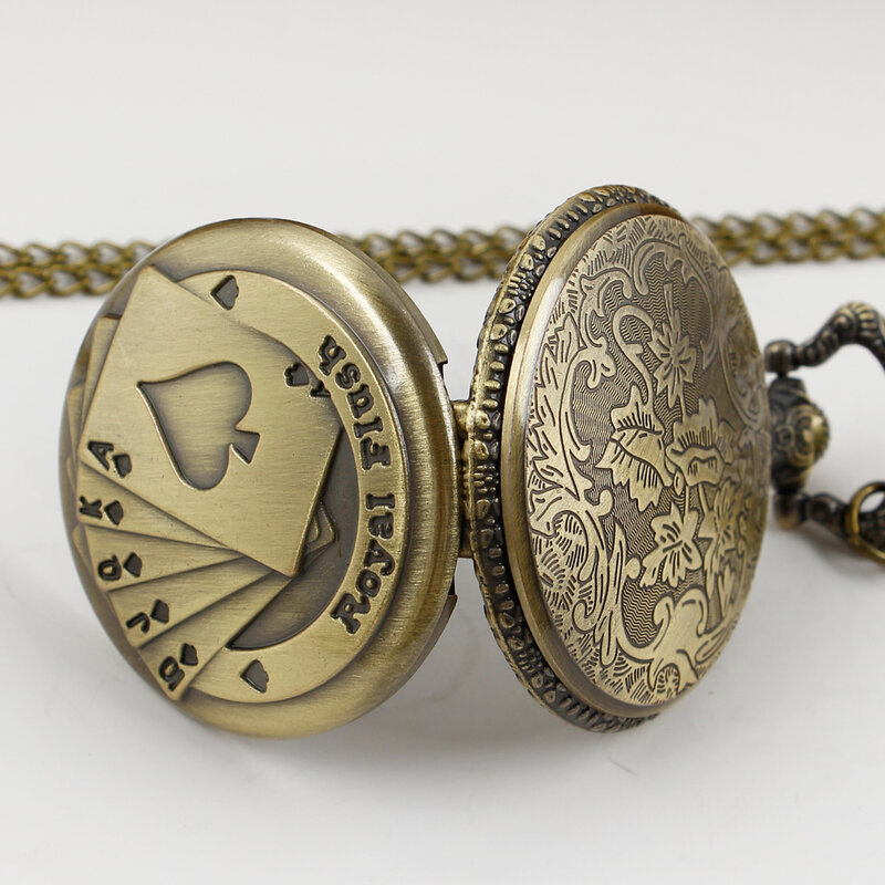 Flip Retro Bronze Poker Karte Quarz Taschenuhr Halskette lässig Anhänger Anhänger Taschenuhr Uhr Geschenke mit Kette