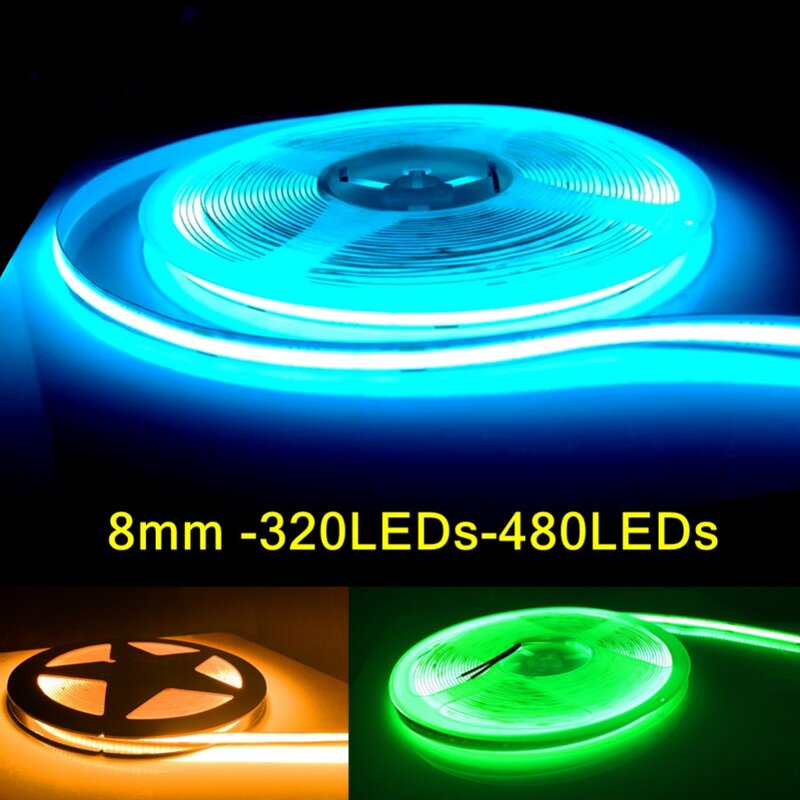 COB LED 스트립 조명, 유연한 테이프, 따뜻한 내추럴 화이트 고밀도 선형 조명, 고휘도, 12V, 24V, 320 480 LED, 8mm PCB