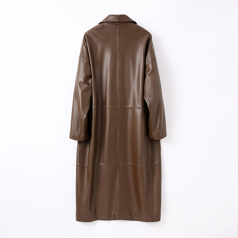 Mantel kulit domba asli wanita, jaket Trench lurus berkancing dua baris, longgar Solid FG5067 Musim Dingin 2022