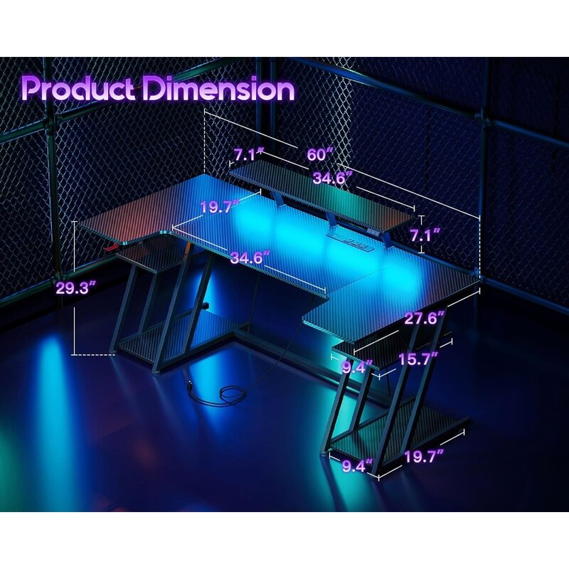 60 Zoll U-förmiger Schreibtisch mit Steckdose Gaming-Computer tisch mit Lager regalen Kohle faser Textur schwarz
