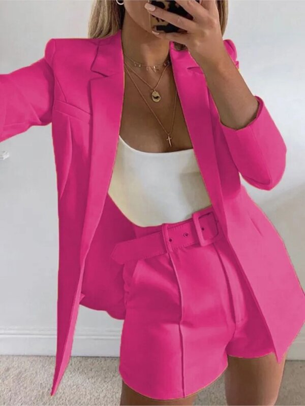 Lässige Pendels horts Blazer zweiteiliges Set Frauen Frühling Sommer neue Mode einfarbige Langarm Mantel Gürtel kurze Hosen Sets