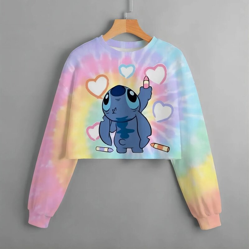 Fashionable girl clothing, spring tops for girls, cute Stitch patterned long sleeved round neck hoodies, essential for sweet gir