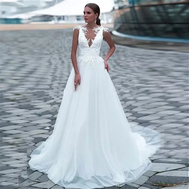 Stunningbride gaun pernikahan applique tembus pandang sederhana gaun pengantin tanpa lengan jubah Online kustom De Mariee seksi ukuran besar