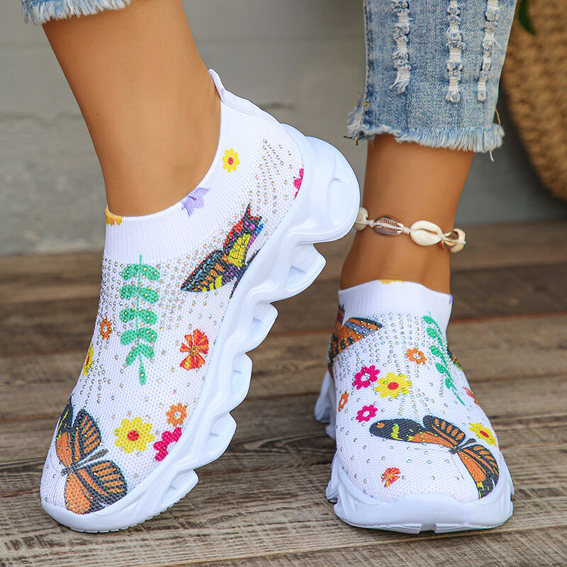 Butterfly Print White Sneakers Women 2024 Autumn Shiny Crystal Breathable Knitted Casual Shoes Woman Plus Size 43 Flat Shoes