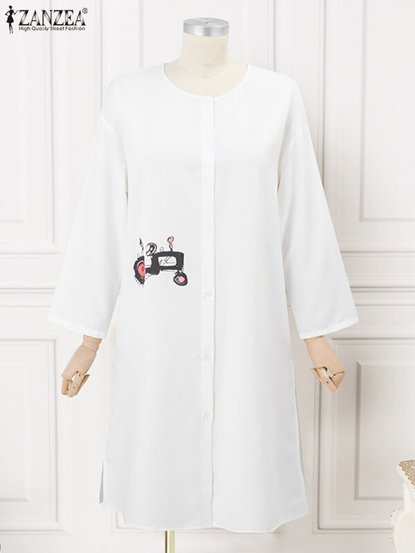 Женский кардиган ZANZEA большого размера, халат, корейские модные длинные топы, повседневные свободные рубашки с мультяшным принтом на спине, праздничная пляжная блуза на пуговицах