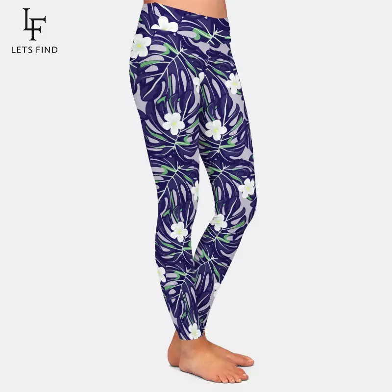 Letsfind leggings femininos magro cintura alta elasticidade leggings de fitness folhas tropicais impressão mulher calças casuais