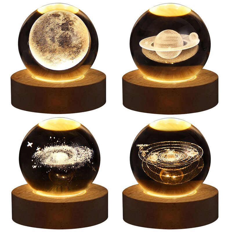 Sfera di cristallo a LED lampada a sfera di cristallo a luce notturna con sistema solare inciso in 3D sfera di cristallo con Base in legno regalo di ricarica USB per bambini