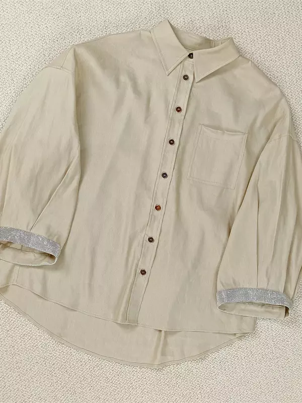 Женская рубашка с отложным воротником, свободная блузка с рукавами три четверти, с бусинами и цепочками, весна 2024