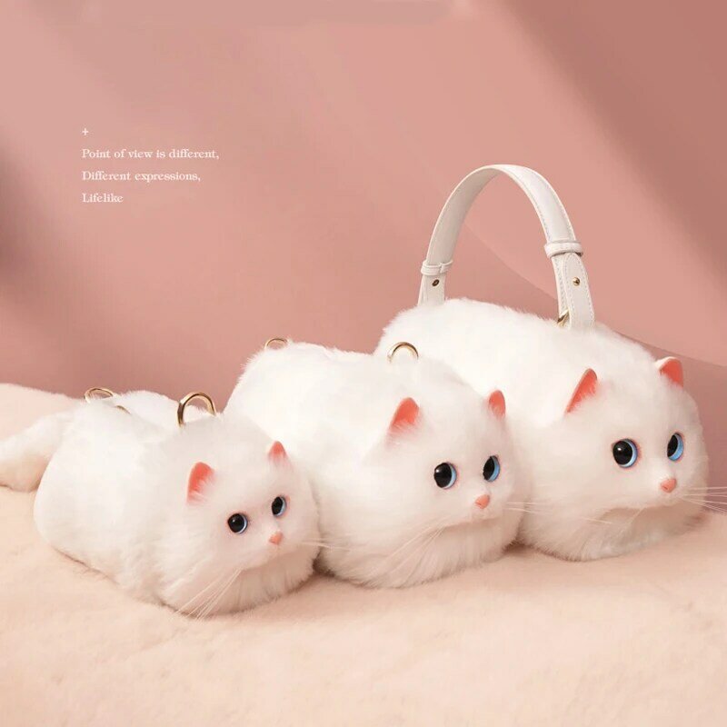 Fashion Women's White Cat Shaped Handbags Cute Kawaii Faux Fur Crossbody Bags Wallet Purse Plush Chain Shoulder Bag Lady Handbag
