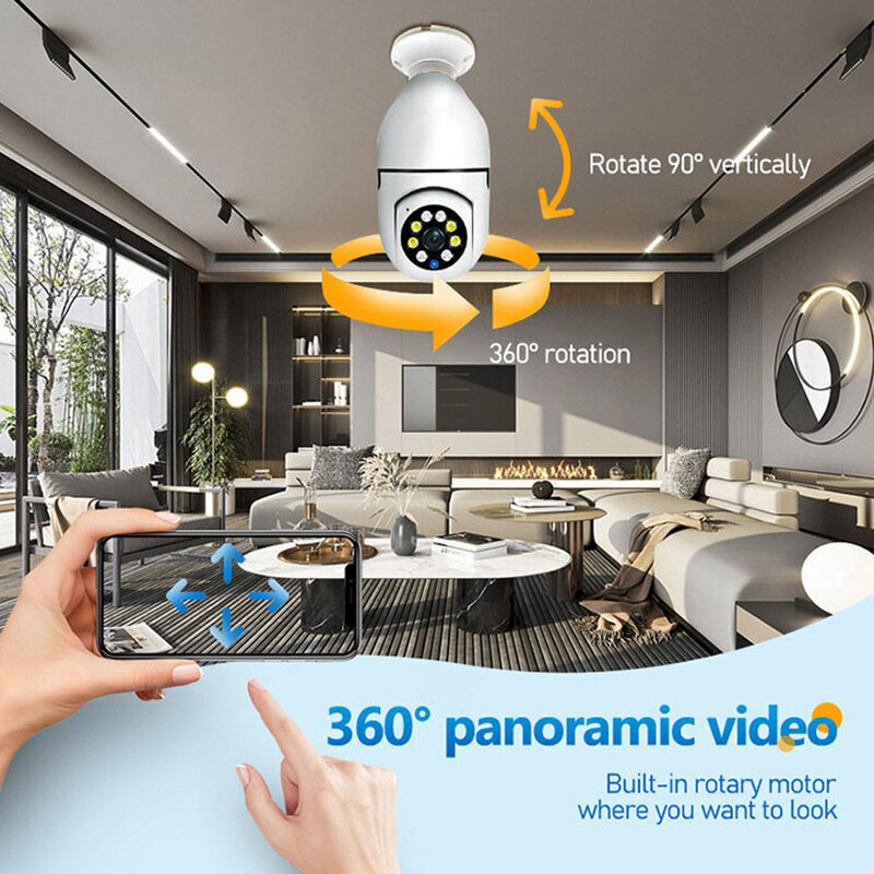 Câmera CCTV com visão noturna infravermelha, lâmpada de segurança doméstica, webcam de rede sem fio, câmera IP, WiFi, 1080p, bulbo, videovigilância, E27