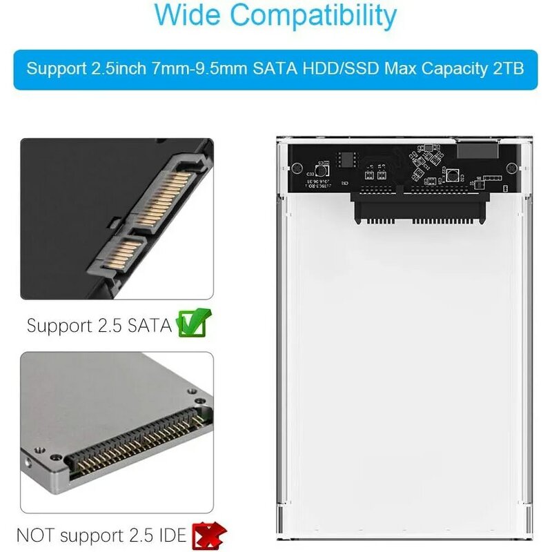 USB 3.0 외장 하드 드라이브 인클로저, 2.5 인치 SATA to USB3.0 UASP 투명 휴대용 하드 드라이브 케이스, 2T HDD, 공구 필요 없음